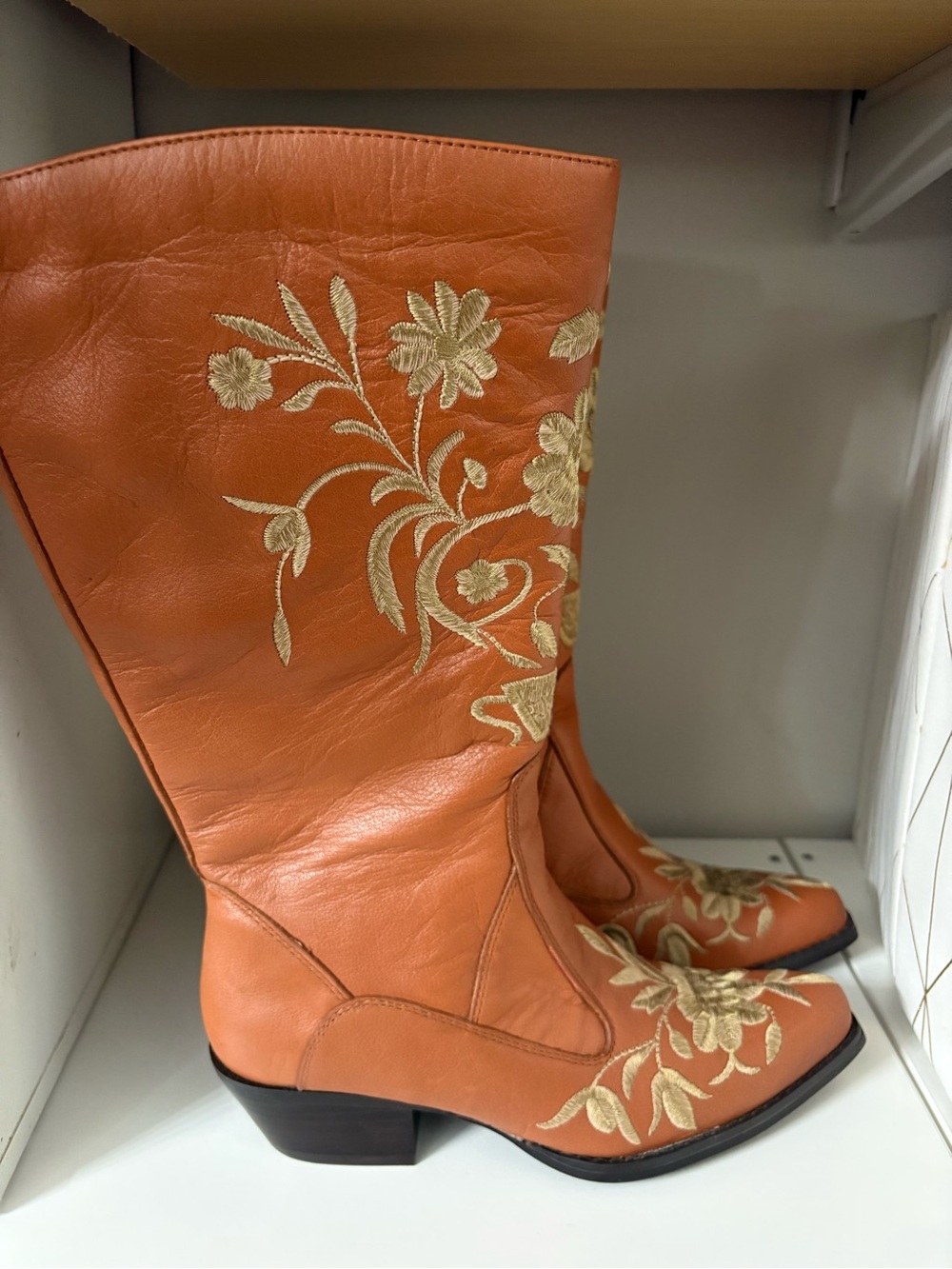 Colin Stuart Tan Leather Cow girl boots with Gold Embroidery